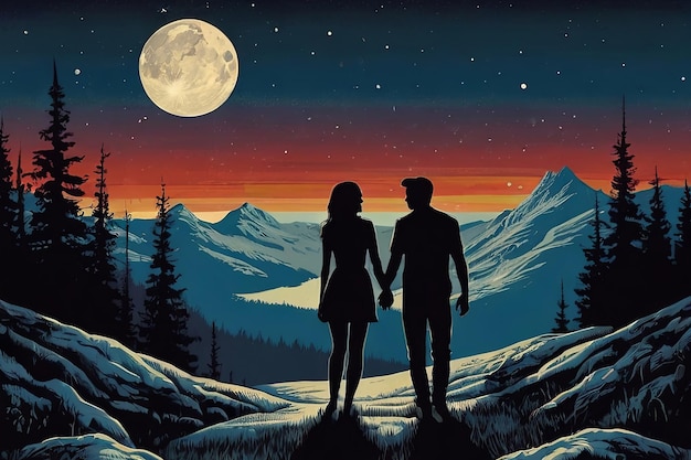 a poster for a couple under a full moon