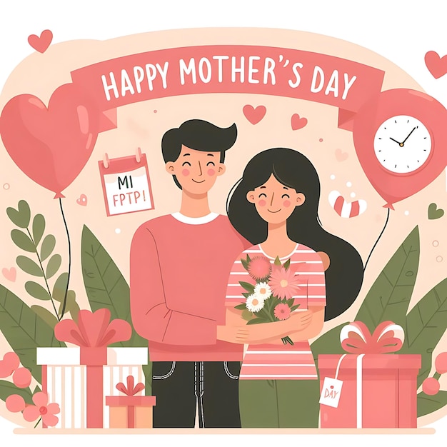 a poster of a couple holding flowers and a card that says happy mothers day