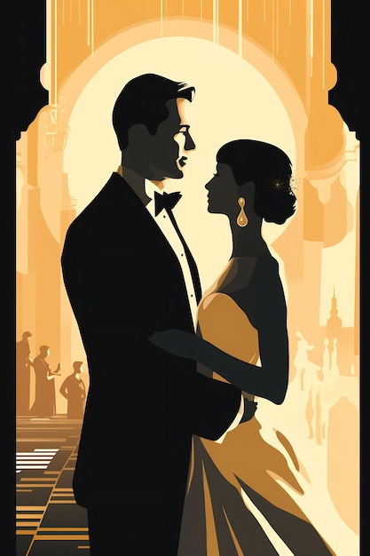 a poster for a couple in a hotel with a man in a bow tie.