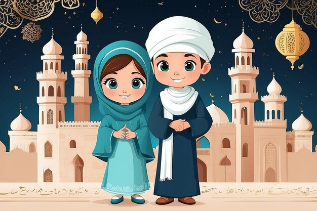 a poster for a couple with a girl and a man in front of a mosque