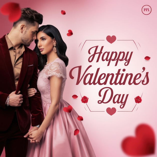 a poster for a couple with hearts and a pink background with a man and woman