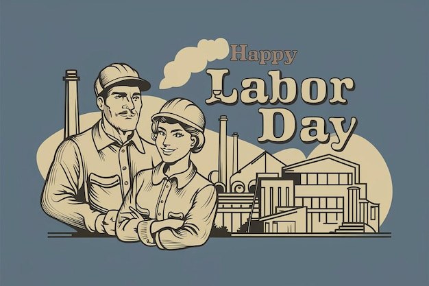 a poster for a couple with a man and a woman in a hat and a man in a hat with a factory in the background