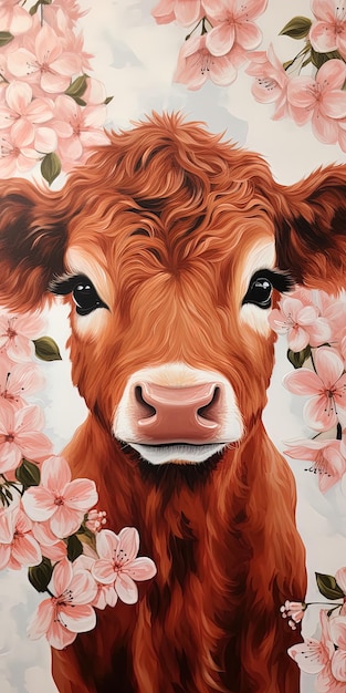 A poster for a cow called a cow with flowers in the background