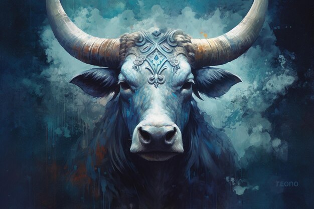 A poster of a cow with a blue head and horns