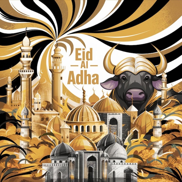 a poster of a cow with a yellow background with a black and white picture of a mosque