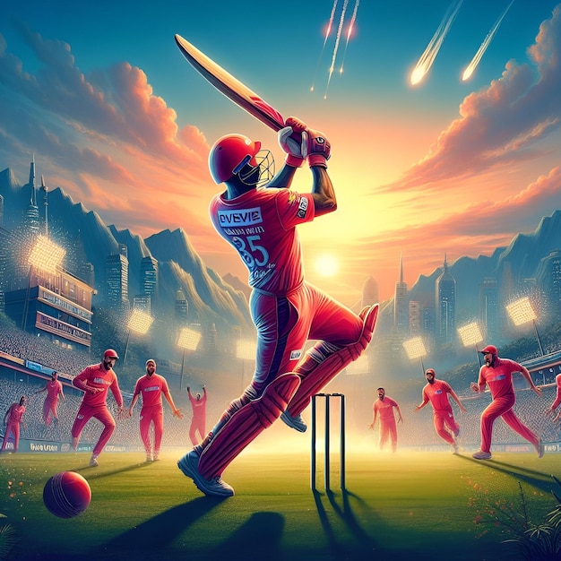 Photo poster for cricket game with a player with batsman and players ipl