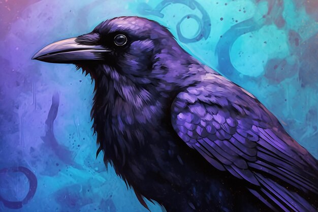 A poster of a crow with a purple background and a