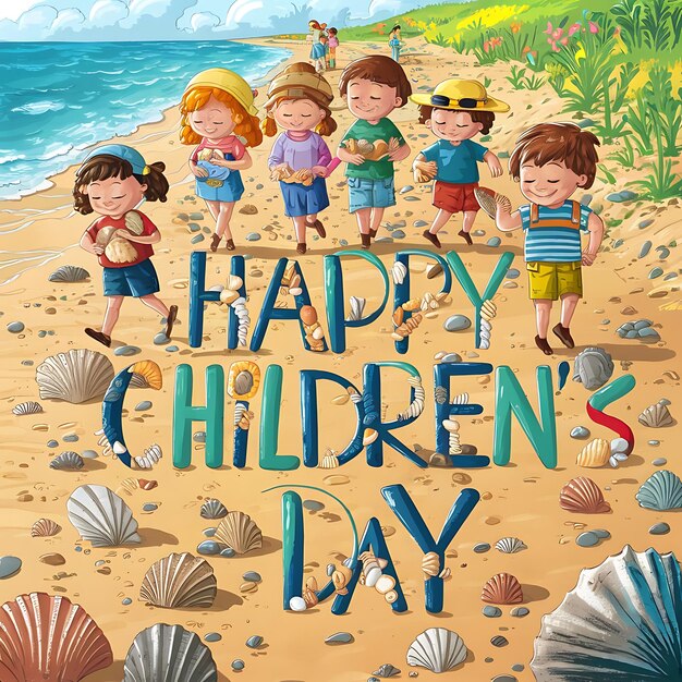 Фото Постер милые дети гуляют вместе на морском пляже в день счастливого детства