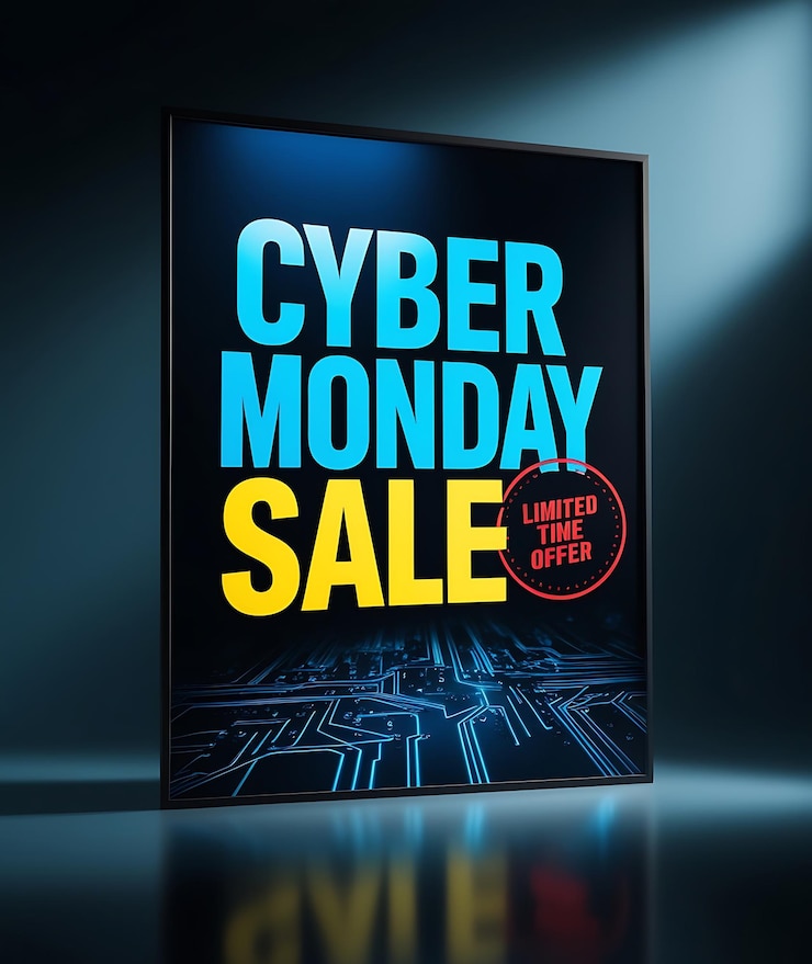 Photo a poster for cyber monday sale is displayed on a black background