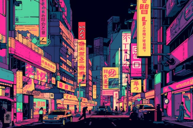 Плакат города киберпанка под названием Neon City.