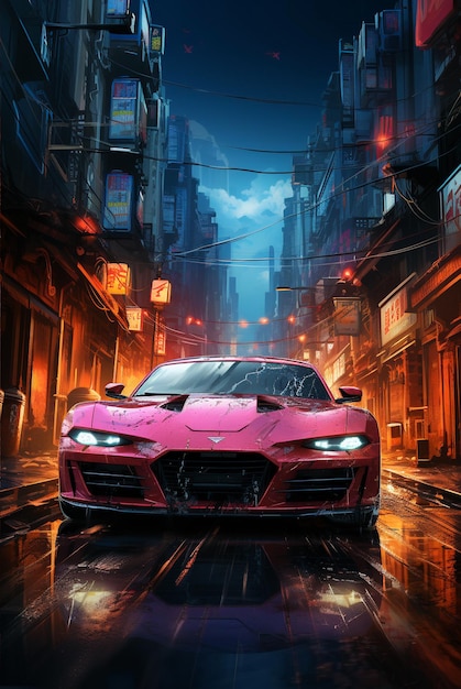 Poster of cyberpunk neon futuristic sport car in night in metropolis Generative ai