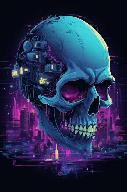 A poster for a cyberpunk skull with a purple background.