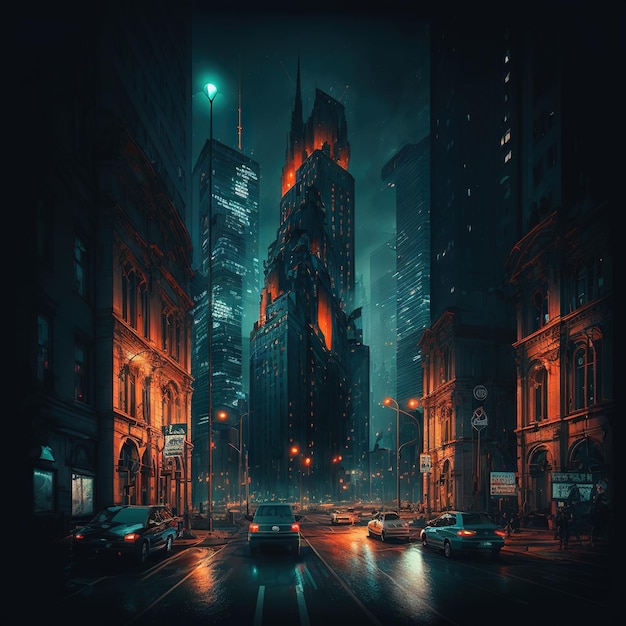 Плакат для темного города с горящим зданием на заднем плане.