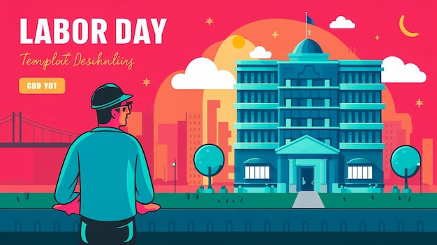 a poster for a day day with a man looking at a cityscape