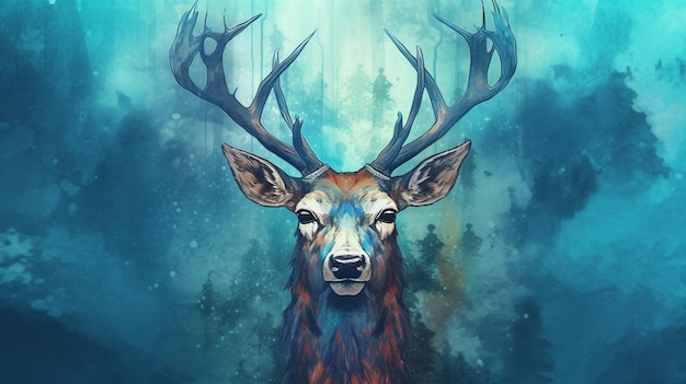 A poster of a deer with a blue head and horns