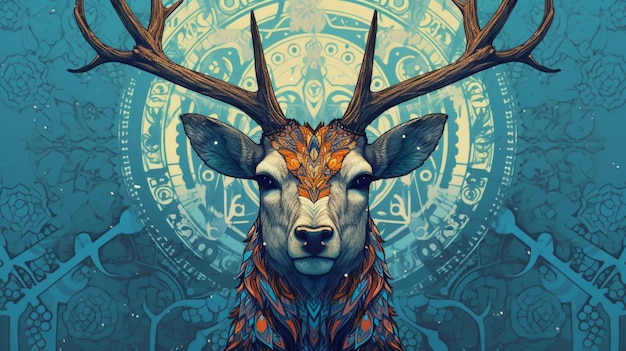 A poster of a deer with a blue head and horns