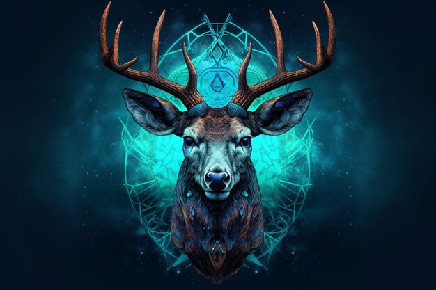 A poster of a deer with a blue head and horns