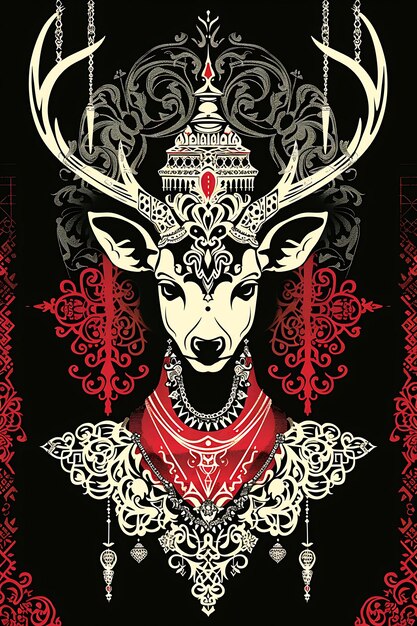 a poster for a deer with a red scarf