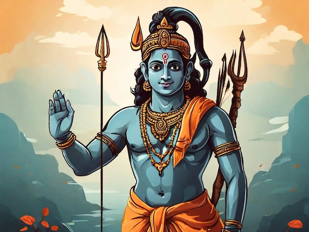 a poster of deity with a red background and a blue and orange background