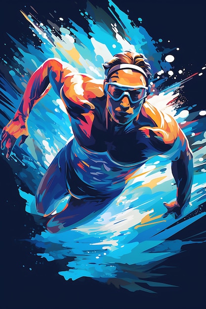 Poster design of 100 meter freestyle speed and fluidity cool toned color sche vector 2d flat ink