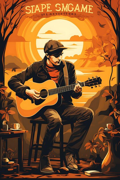 Poster Design of Acoustic Stage Singer Strumming Passionately Cafe Lighting W Vector 2D Flat Tshirt