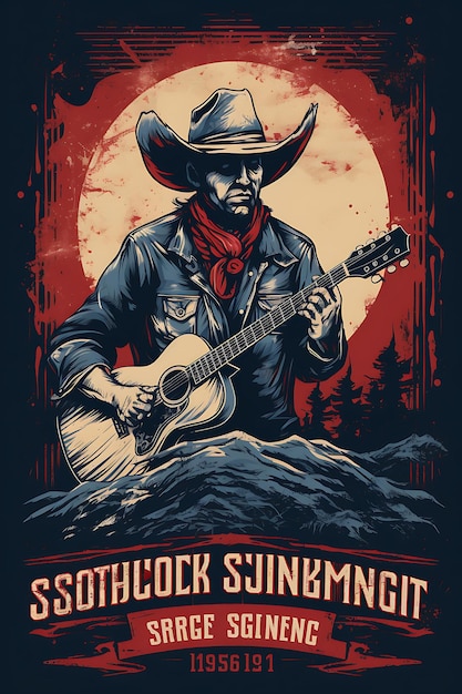 Poster design of country concert fans singing along denim blue and red vintag vector 2d flat tshirt