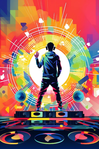 Poster design of dj set solo artist energizing the floor brightly colored geo vector 2d flat tshirt