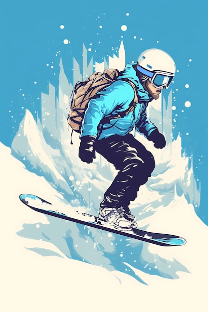Poster design of snowboarding adventure in the snow cool toned color scheme w vector 2d flat ink