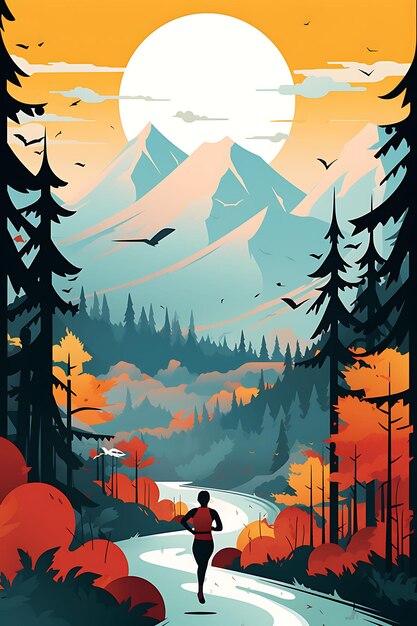 Poster design of ultra trail running natures challenge moody and earthy color vector 2d flat ink