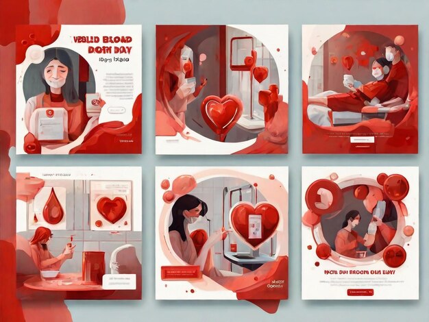 poster designs for 14th June World Blood Donor Day with text and blood with corpuscles in a transfusion bag and a droplet with heartbeat