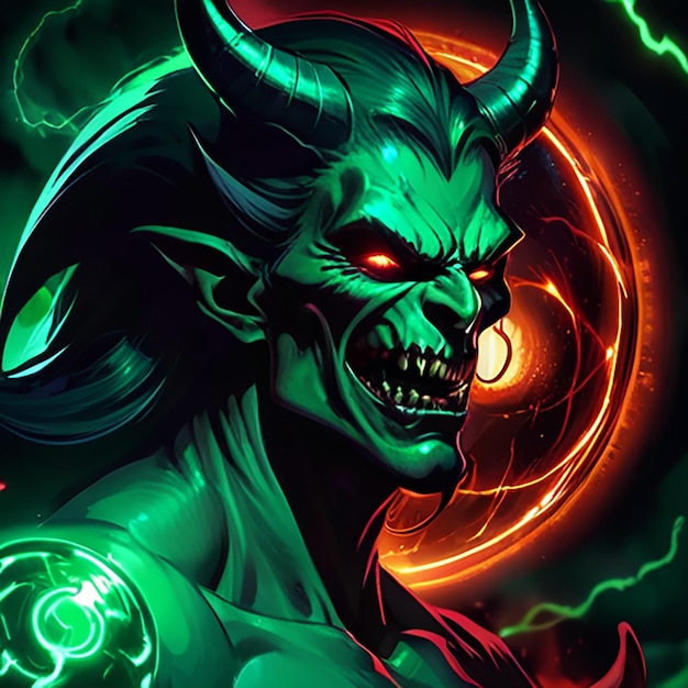 a poster of a devil with a green head and a red dragon in the center