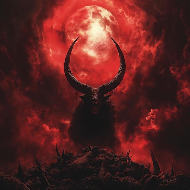 Foto un poster per il diavolo con uno sfondo rosso e una luna rossa sullo sfondo