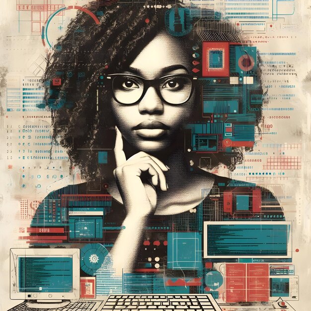 Постер Цифровое произведение искусства задумчивой африканской женщины с ноутбуком среди абстрактных технологических элементов