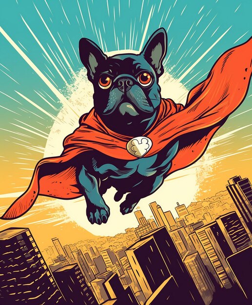 a poster for a dog flying in the sky with a red cape.