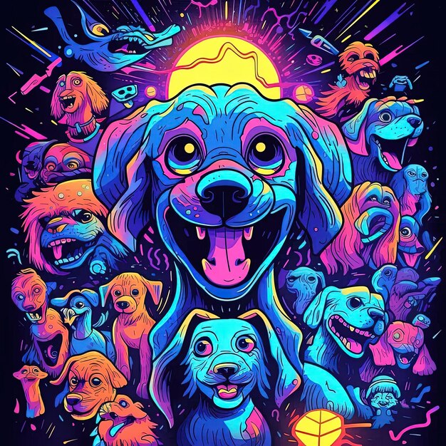 Foto un poster di un cane circondato da altri cani