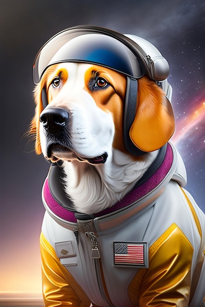 A poster of a dog wearing a space suit.