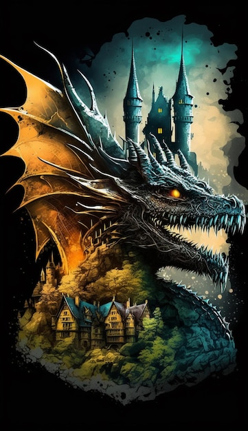 A poster for a dragon with a castle in the background.