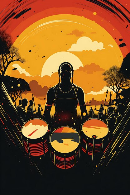 Poster of Drumbeats Gathering Black Red and Yellow Drum Circle Lively Design Art 2D Tshirt Ink