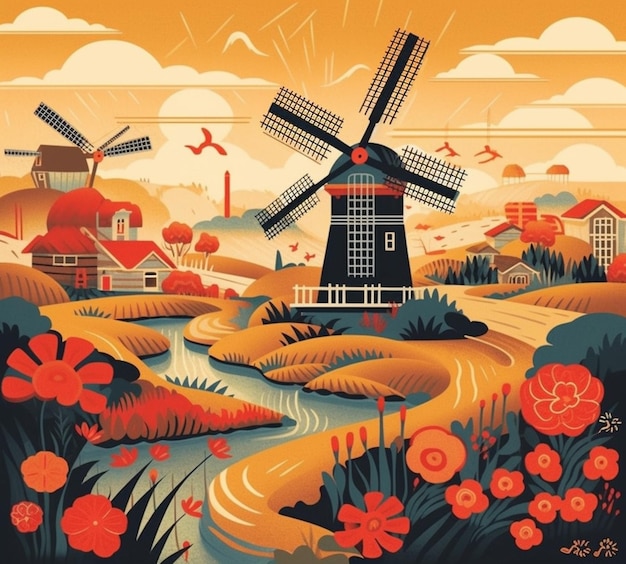 A poster for a dutch village with a windmill in the foreground.