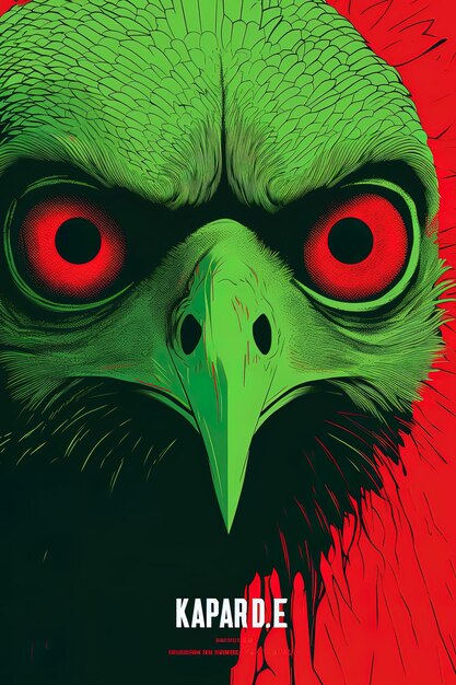 a poster for an eagle that has red eyes