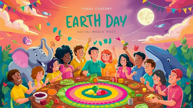 Photo a poster for earth day shows a group of people around a table with a cartoon image of a group of peo