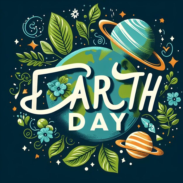 a poster for earth day with a green planet and flowers