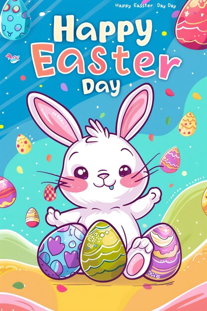 a poster for easter day with a bunny and eggs