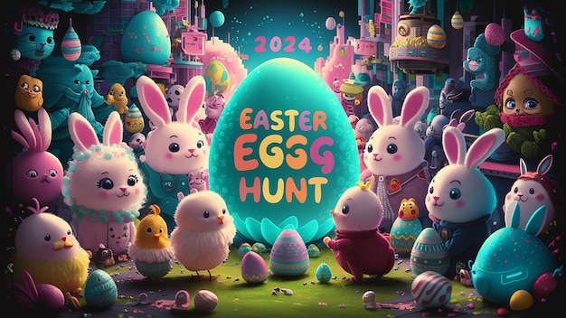 a poster for easter eggs with a cartoon image of bunny rabbit and bunny rabbit