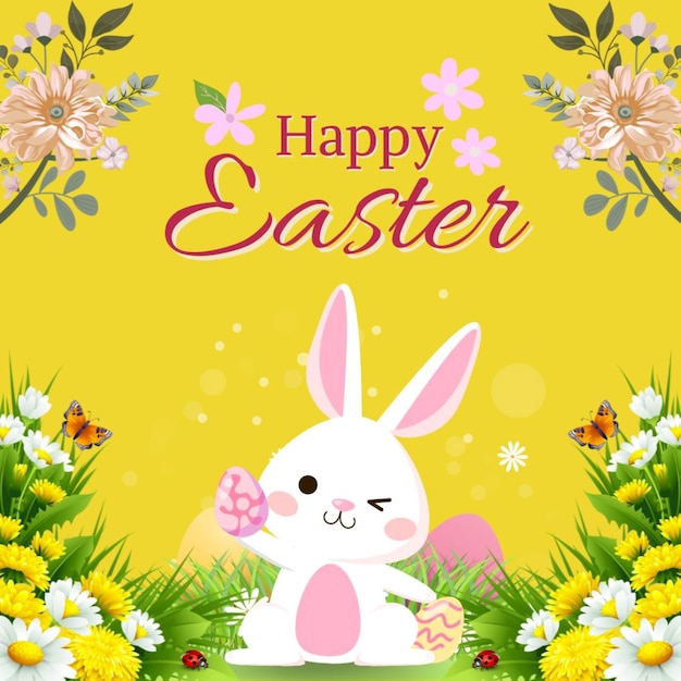 a poster for easter with a bunny and flowers