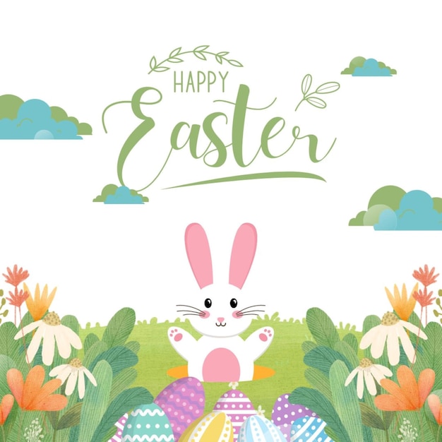 a poster for easter with easter eggs and a bunny on it