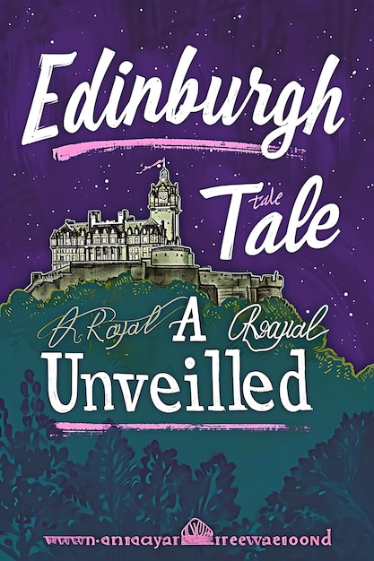 Poster of edinburgh text and slogan a royal tale unveiled with a lands illustration layout design