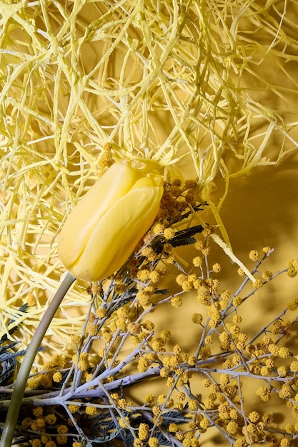 Poster een gele tulp op gele achtergrond close-up plat lag bovenaanzicht ruimte