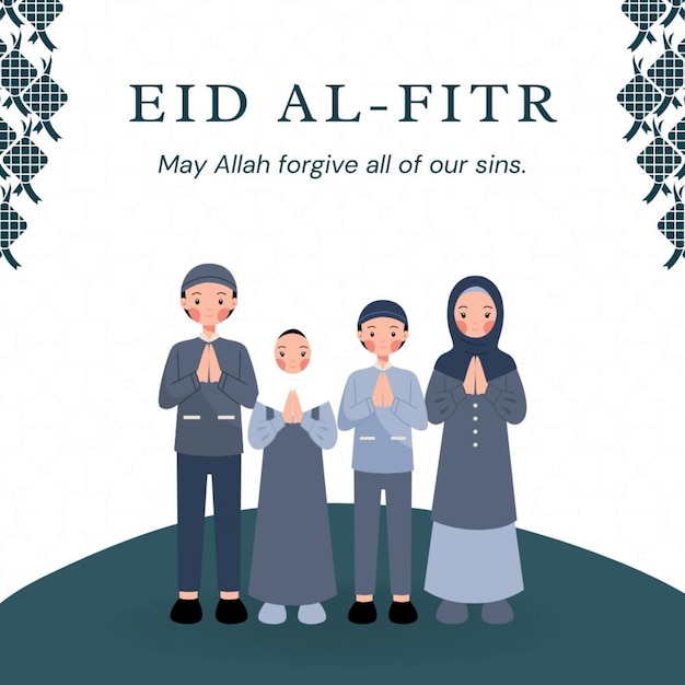 a poster Eid al fitr for a family of four people with their hands folded