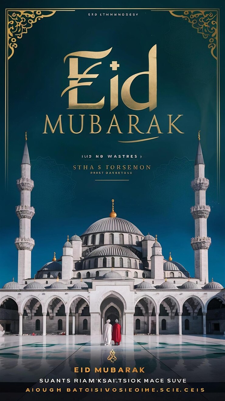 Photo a poster for eid mubarak with a mosque in the background